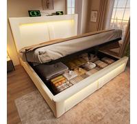 Goldicoo Lit double capitonné avec espace de rangement, éclairage LED, contrôle par application, ports de charge USB et de type C, velours, tête de lit avec design incurvé, beige, 160 x 200 cm