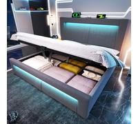 Goldicoo Lit double capitonné avec espace de rangement, éclairage LED, contrôle par application, ports de charge USB et de type C, en velours, tête de lit avec design incurvé, gris, 160 x 200 cm