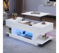 Goldicoo Table basse réglable en hauteur avec LED, 98 x 45 x 40 cm, blanc brillant, plateau de table élévateur jusqu'à 54,5 cm, 2 armoires pliantes, espace de rangement semi-ouvert, panneau de