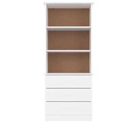 Goldonion Bibliothèque avec tiroirs haute blanche 60 x 35 x 142 cm | Bois de pin massif, 3 étagères ouvertes, 3 tiroirs, meuble de rangement polyvalent