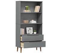Goldonion Bibliothèque Molde grise 85 x 35 x 170,5 cm en bois massif de pin | 3 compartiments, 2 tiroirs, finition peinture UV, bois multicouche, design scandinave