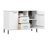 Goldonion Buffet blanc bois massif pin 113 x 40 x 77 cm OSLO | 2 tiroirs, 4 poignées en métal, pieds en métal, style industriel, montage facile