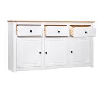 Goldonion Buffet blanc en bois massif de pin 135 x 40 x 80 cm | 3 tiroirs, 3 portes, étagère d'exposition, facile à monter, chiffon sec