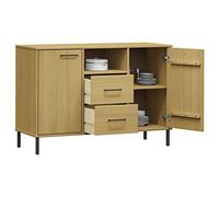 Goldonion Buffet en bois massif pin marron 113 x 40 x 77 cm OSLO | 2 tiroirs, 4 poignées en métal, pieds en acier, style industriel, anti-basculement