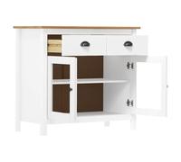 Goldonion Buffet Hill blanc 90 x 40 x 80 cm en bois massif de pin | 2 tiroirs, 2 étagères, portes en verre, coulissantes avec dimensions, fixation murale