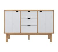 Goldonion Buffet OTTA marron et blanc 113,5 x 43 x 73 cm en bois de pin | 3 tiroirs, 2 portes, 4 pieds en bois, design scandinave, anti-basculement
