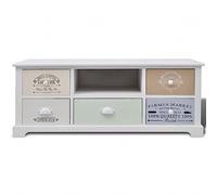 Goldonion Buffet TV en bois de paulownia 100 x 35 x 40 cm 5 tiroirs | Style campagne français, meuble hi-fi, commode basse, tiroir central vert clair, charge 75 kg