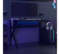 Goldonion Bureau gaming noir 110 x 60 x 75 cm avec pieds en K | Bois multicouche et fer, support pour casque et manette, porte-gobelet, assemblage requis
