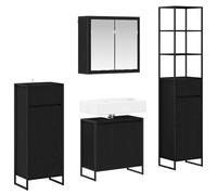 Goldonion Ensemble de meubles de salle de bain chêne noir bois multicouche | Avec miroir, 6 portes, 1 tiroir, 12 étagères, acier, 69,8 kg