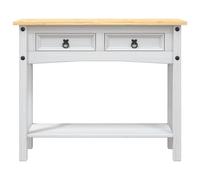 Goldonion Table console blanche 90 x 34,5 x 73 cm 2 tiroirs 1 étagère | Bois massif de pin ciré, style rustique mexicain, montage facile, pour salon ou couloir
