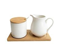 GOMETY Ensemble Sucrier et Crémier en Céramique avec Couvercle et Cuillère, Pot à Lait et Sucrier avec Plateau en Bois, Compatible Micro-Ondes et Lave-Vaisselle (Blanc)