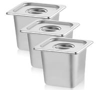 GOMETY Lot de 3 récipients en acier inoxydable 1/6 avec couvercle, 17,6 x 16,2 x 10 cm, pour poêles d'hôtel, 100 mm de hauteur, récipients de conservation au chaud, empilables, résistants à la chaleur