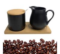 GOMETY Service à lait et à sucre, pot à lait et sucrier avec couvercle, en céramique noire, avec plateau en bois. Sucre et crémier couleur charbon pour la cuisine et le café (noir mat)