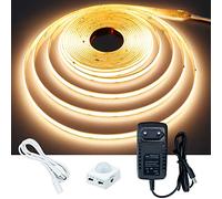 GOMING 12V Détecteur de Mouvement COB Ruban à LED 5M Blanc Chaud 3000K | CRI 93+ IP20 Non étanche Bande Lumineuse LED avec Adaptateur Secteur pour Armoires de Cuisine Escalier Vitrine Chambre Lit