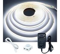 GOMING 12V Détecteur de Mouvement COB Ruban à LED 5M Blanc Froid 6000K | CRI 93+ IP20 Non étanche Bande Lumineuse LED avec Adaptateur Secteur pour Armoires de Cuisine Escalier Vitrine Chambre Lit