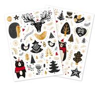 Gommettes noël enchanté noir et doré - 101 pièces - de 0,60 à 8,3 cm - autocollants, animaux, hivers, ours, hérisson, rennes, poules, sapins, feuillages