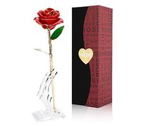 Gomyhom Rose, 24K Rose Plaqué Or, élégante Fleur Romantique éternelle avec Boîte Cadeau de Luxe Idéal pour Amie Saint Valentin, Fête des Mères, Anniversaire, Mariage (Rouge + Supporter)