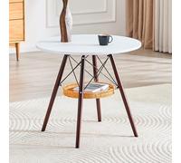 gonew21 Table basse ronde 80 cm - Blanc avec pieds en noyer et panier tressé - Table basse avec espace de rangement pour les petits espaces - Table de canapé comme table à manger - Table de balcon