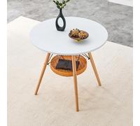 gonew21 Table basse ronde de 80 cm, blanche avec pieds en bois massif et panier tressé, table basse avec espace de rangement pour les petits espaces, table de canapé comme table à manger, table de