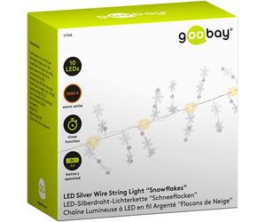 goobay 57948 Guirlande lumineuse à LED avec fonction minuterie Fonction pile Flocons de neige LED à suspendre - Guirlande lumineuse pour intérieur avec 10 LED 3000 K IP20 Argenté/transparent