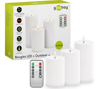 goobay 64786 Lot de 3 bougies LED avec télécommande/Bougies électriques d'extérieur/Flamme vacillante réaliste/Décoration LED/Fonction minuterie/Bougies LED sans flamme, Blanc