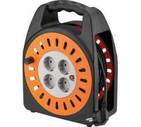 Goobay 71355 Enrouleur de câble 25 m, 25 m, orange-noir - avec 4 prises de courant à contact de protection et protection contre les surcharges