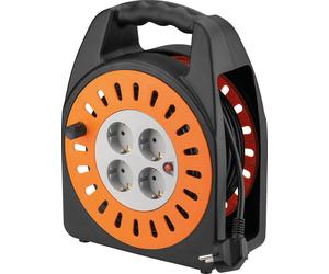 Goobay 71355 Enrouleur de câble 25 m, 25 m, orange-noir - avec 4 prises de courant à contact de protection et protection contre les surcharges