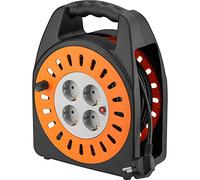 Goobay 71355 Enrouleur de câble 25 m, 25 m, orange-noir - avec 4 prises de courant à contact de protection et protection contre les surcharges