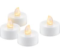 goobay Lot de 4 bougies chauffe-plat LED avec minuterie, lumière blanche chaude (2500 K), scintillement réaliste, piles (CR2032 incluses), blanc chaud 77752