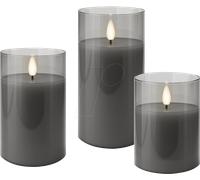 goobay Lot de 3 bougies LED avec fonction minuterie - cire véritable dans un verre, gris transparent, mèche 3D, fonctionne sur piles, blanc chaud - Bougie LED élégante pour une décoration sûre