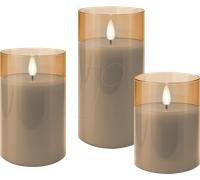 goobay Lot de 3 bougies LED avec fonction minuterie - cire véritable dans verre, or-transparent, mèche 3D, fonctionne sur piles, blanc chaud - Bougie LED stylée pour une décoration sûre