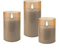 goobay LED bougies en cire véritable en verre, set de 3 or transparent, avec mèche pendule, fonction minuterie, à piles, blanc chaud (2700 K), bougies piliers, incl. 10x piles AAA, 75260