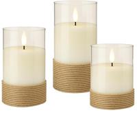 goobay Lot de 3 bougies LED dans un verre, blanches, avec fonction minuterie et mèche 3D - Bougies LED en verre enveloppées de chanvre pour une décoration élégante - Fonctionne avec piles - 77773
