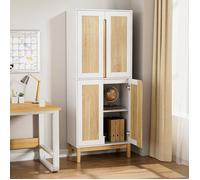 GOOBUY Buffet Cuisine Haute 150 cm, Armoire Salle à Manger, Vaisselier Haute à 4 Portes, 60 x 30 x 150cm, Blanc et Naturel