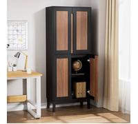 GOOBUY Buffet Cuisine Haute 150 cm, Armoire Salle à Manger, Vaisselier Haute à 4 Portes, 60 x 30 x 150cm, Noir et Marron