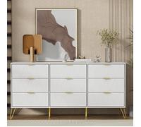 GOOBUY Commode avec 9 Tiroirs, Motif Ligne, Style Scandinave, Manches et Pieds en Couleur Dorée, 150 x 34 x 74 cm, Blanc
