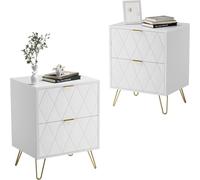 GOOBUY Lot de 2 Table à Chevet, 2 Tiroirs, Manches et Pieds en Couleur Doré, Style Ligne Scandinave, 40 x 30 x 52 cm, Blanc