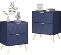 GOOBUY Lot de 2 Table à Chevet, 2 Tiroirs, Manches et Pieds en Couleur Doré, Style Ligne Scandinave, 40 x 30 x 52 cm, Bleu Marine