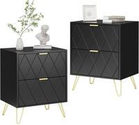 GOOBUY Lot de 2 Table à Chevet, 2 Tiroirs, Manches et Pieds en Couleur Doré, Style Ligne Scandinave, 40 x 30 x 52 cm, Noir