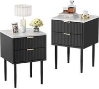 GOOBUY Lot de 2 Tables de Chevet Plafond Marbré, avec Pieds en Métal, 2 Tiroirs, Style Scandinave Ligne, 42 x 40 x 68 cm, Noir
