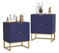 GOOBUY Lot de 2 Tables de Chevet, Tables de Nuit avec Deux Tiroirs, Table d'Appoint avec Pieds Métal, Motif de Ligne, Bleu