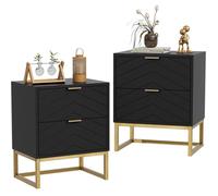 GOOBUY Lot de 2 Tables de Chevet, Tables de Nuit avec Deux Tiroirs, Table d'Appoint avec Pieds Métal, Motif de Ligne, Noir