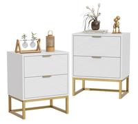 GOOBUY Lot de 2 Tables de Chevet, Tables de Nuit avec Deux Tiroirs, Table d'Appoint avec Pieds Métal, Motif de Ligne, Blanc