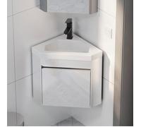 GOOBUY Meuble Lave-Mains d’Angle 56cm avec Robinet Cabinet de Rangement Meuble de Lavabo d’Angle Petit Meuble Suspendu Blanc