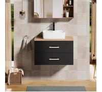 GOOBUY Meuble sous Lavabo Suspendu 80,5cm, Meuble Salle de Bain avec Vasque à Poser, Lavabo en Céramique, Poignée en Métal, Noir