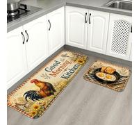 Good Morning Lot de 2 tapis de cuisine doux et confortables pour sol, style rustique et rustique, rembourré, confortable, lavable, pour éviers, buanderie, salle de bain