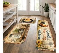 Good Morning - Lot de 3 tapis de cuisine doux et confortables à motif rustique et rustique - Coussin à ressort confortable et lavable pour éviers, buanderie, salle de bain