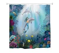Goodbath Rideau de douche Motif dauphins, Rideau de douche sirène en tissu résistant à la moisissure et au mildiou pour baignoire de salle de bain, 180 x 180 cm, Multicolore
