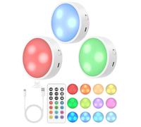 GOODEA.fun Éclairage d'armoire sans fil - Lot de 3 spots RGBW rechargeables avec télécommande et minuterie - LED sous meuble dimmable 13 couleurs - Lampe magnétique à batterie pour placard et vitrine
