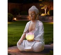 Goodeco Statue de Bouddha solaire avec lumières de lotus - 21 cm - Décoration de jardin zen assis pour terrasse, cour, balcon, décoration de jardin - Cadeaux pour homme et femme - Blanc